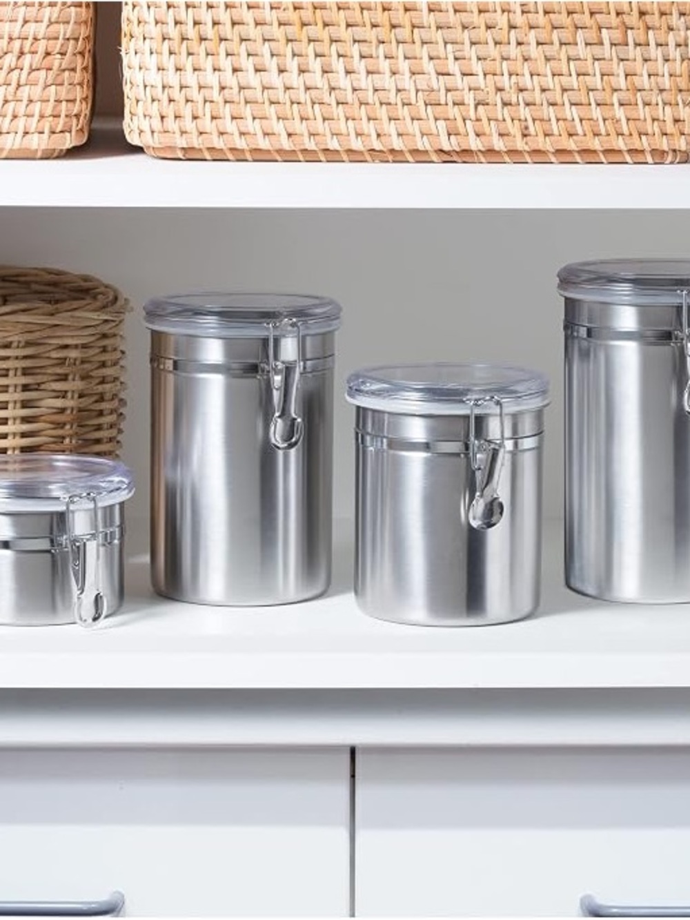 Oggi Set of 4 Stainless Steel Kitchen Canisters - Airtight Clamps, Clear lids